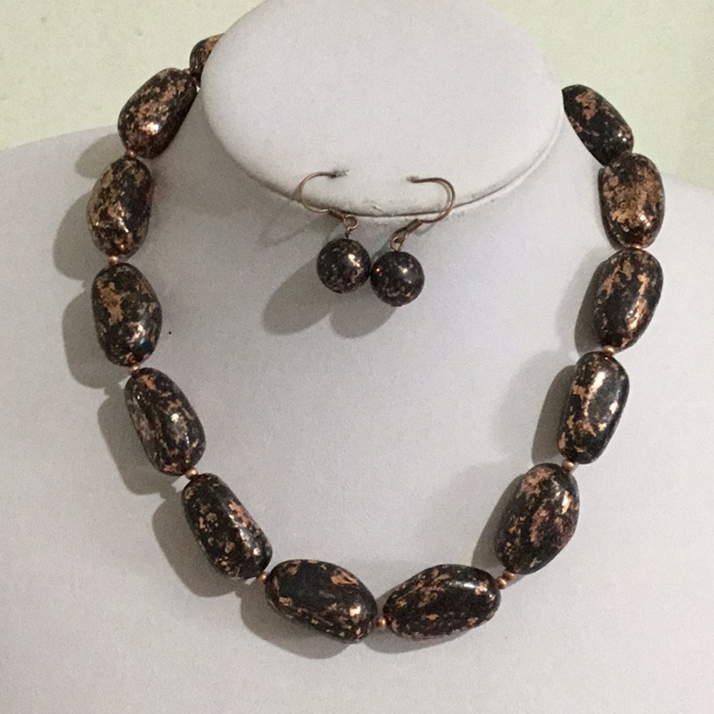 Patina look copper black bead necklace earring